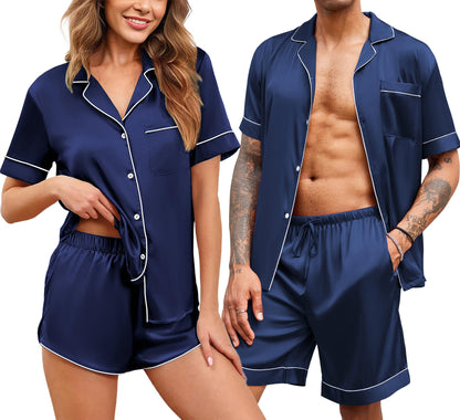 Ekouaer Couple Matching Pajamas Sets Silk Satin Button Sleepwear S-XXL