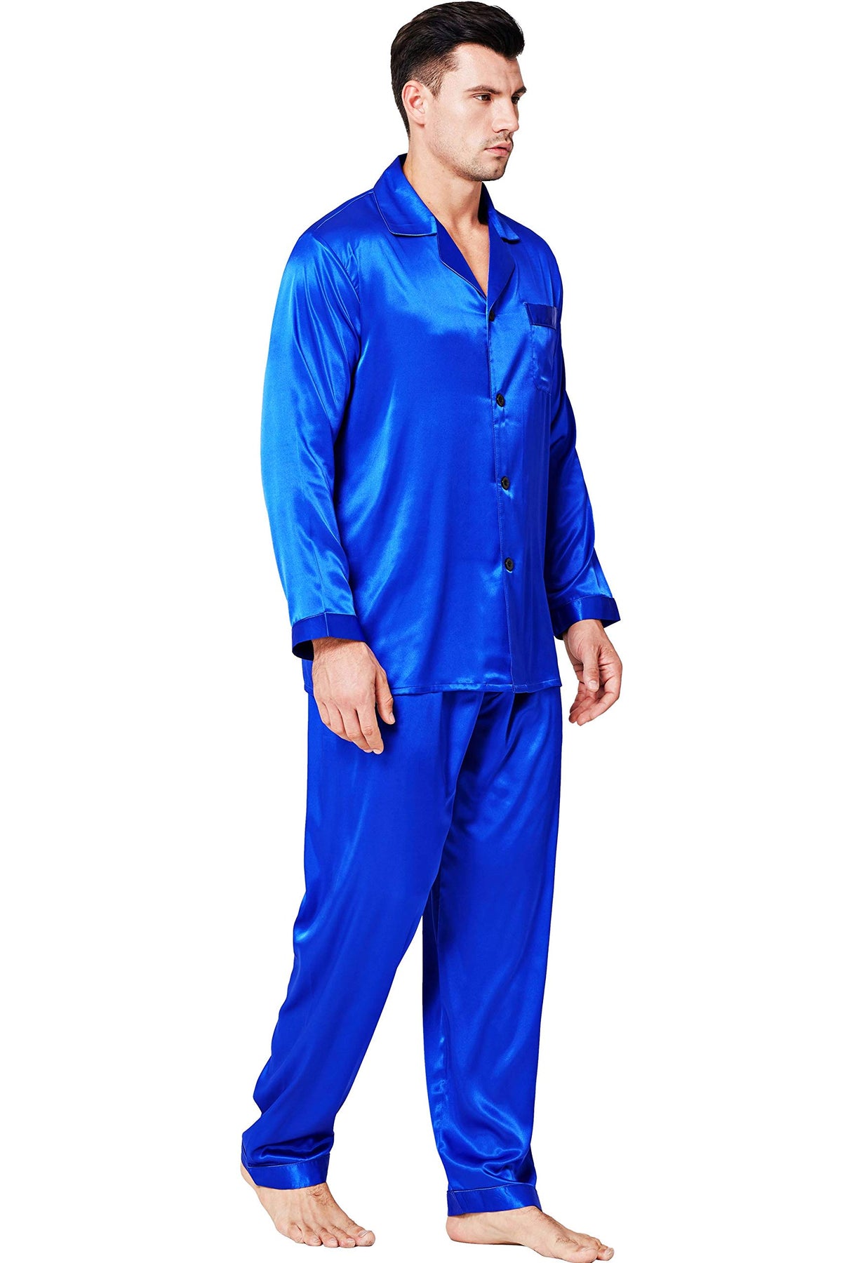 Lonxu Pajamas Set Mens Silk Satin Pajamas Long Sleeve Loungewear Two-Piece Sleepwear Button-Down Pj Set S-XXXXL