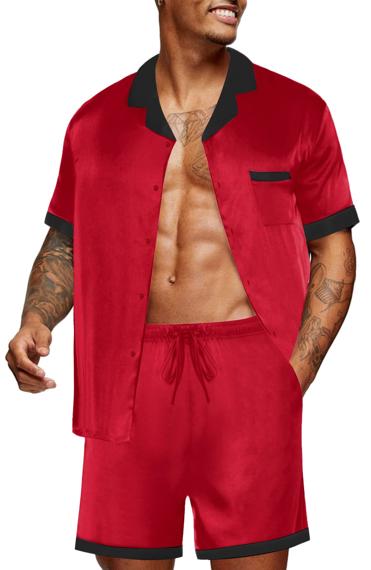 Ekouaer Men Silk Pajamas Set 2 Pieces Satin Pj Button Down Loungewear Sets