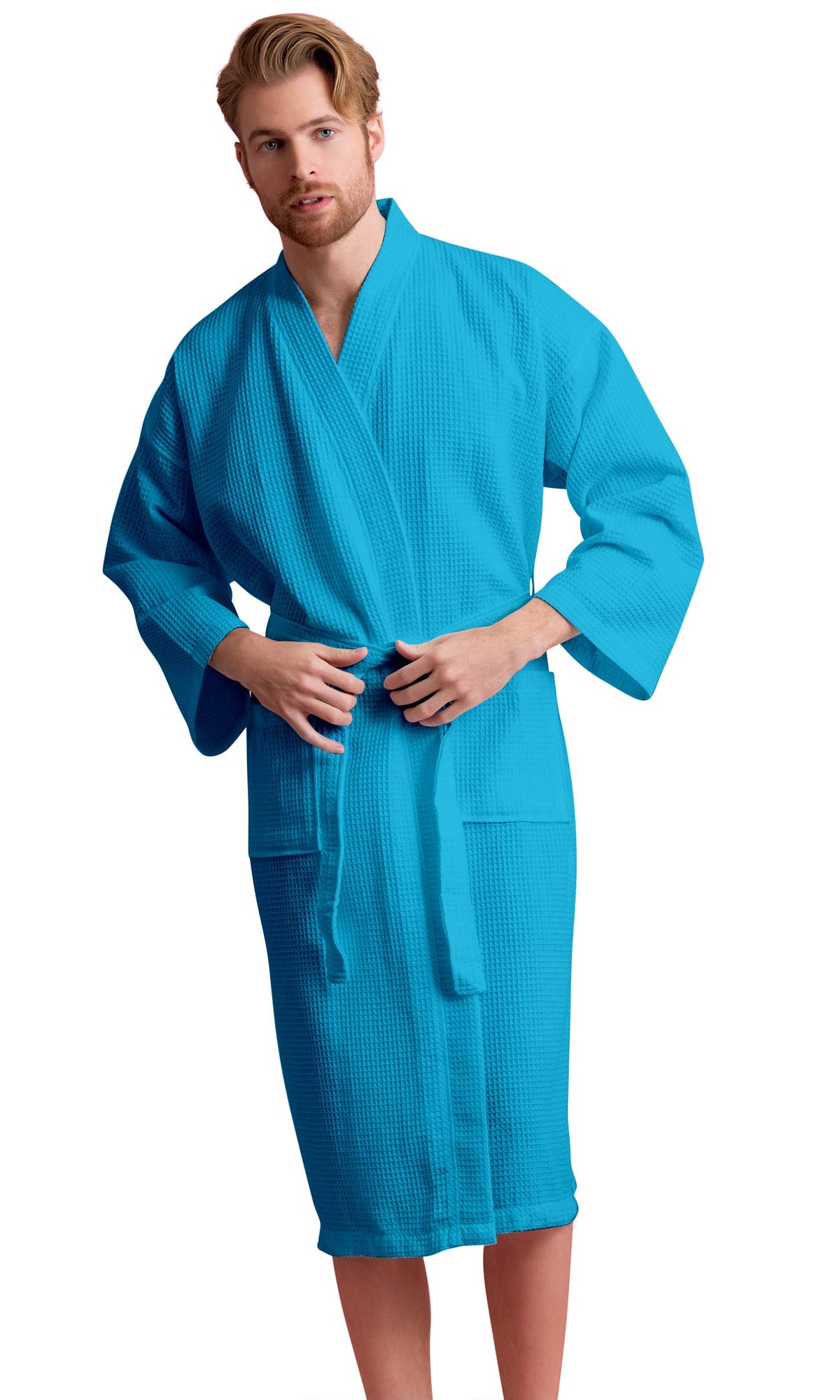 Men's Long Waffle Weave Kimono Bathrobe, 60% Cotton 40% Polyester