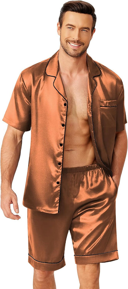 Ekouaer Mens Pajamas Set Silk Satin Pjs Short Sleeve Button Up Lounge Sets