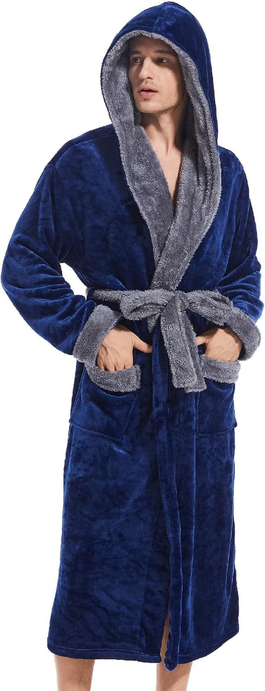 Inner Wish Mens Hooded Robe, Plush Long Highly Absorbent Bath robes Cozy Warm Bathrobe Fuzzy male Spa Robe With Pockets