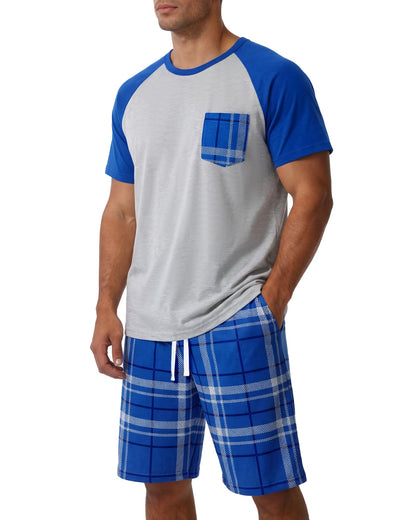 Mens Pajamas Set Soft Short Sleeve Pjs Plaid Pajamas 2 Piece Sleepwear Mens Loungewear Sets Summer with Pockets