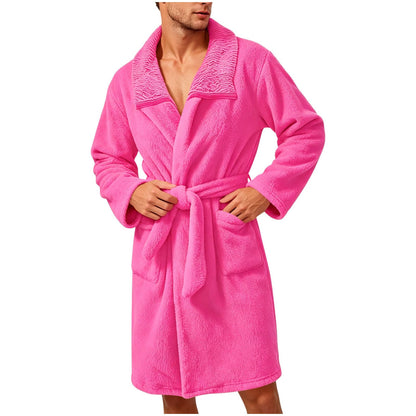 Robe for Men Fuzzy Fleece Collared Long Sleeve Thermal Bathrobe