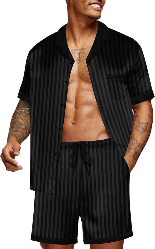 Ekouaer Men Silk Pajamas Set 2 Pieces Satin Pj Button Down Loungewear Sets