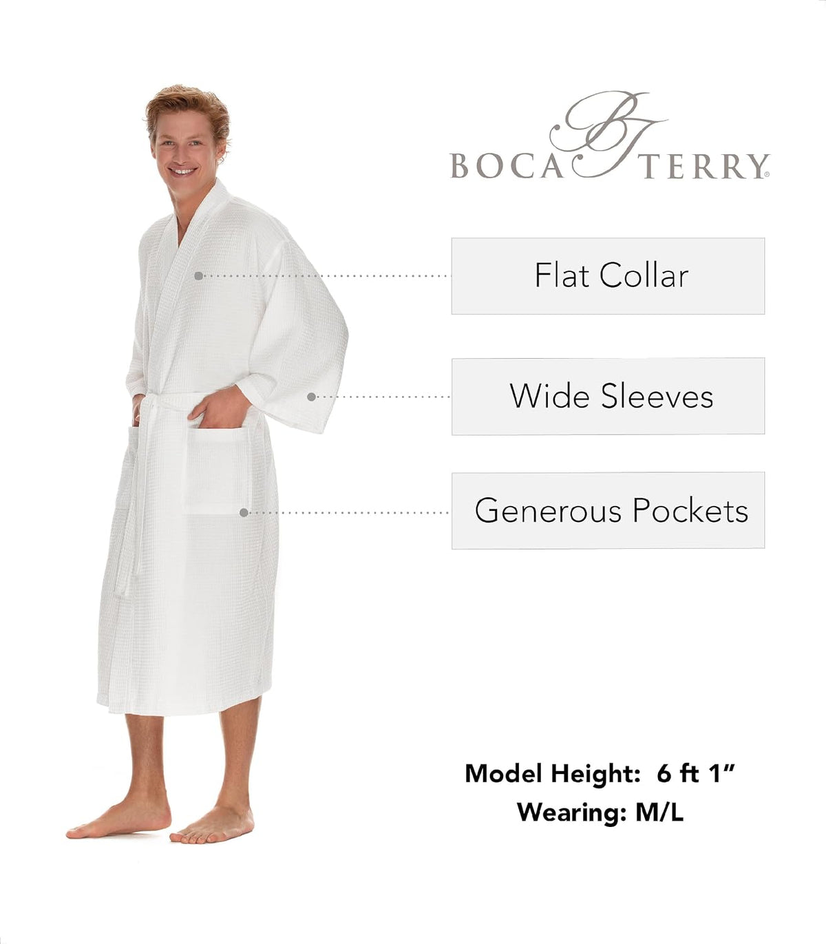 Men's Waffle Robe by BOCA TERRY, Waffle Knit Spa Robe, Long Lightweight Cotton Kimono Hotel Bathrobe