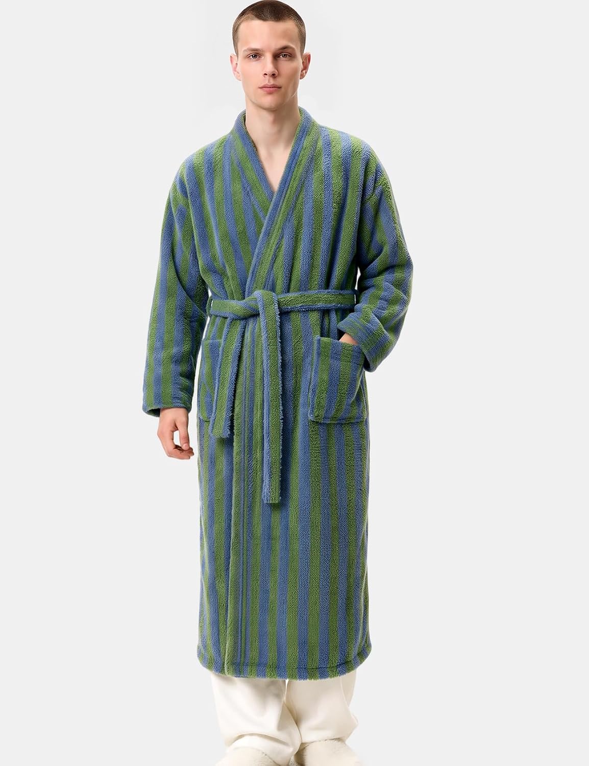 Arssm Mens Striped Plush Robe Long Fluffy Fuzzy Cozy Bathrobe