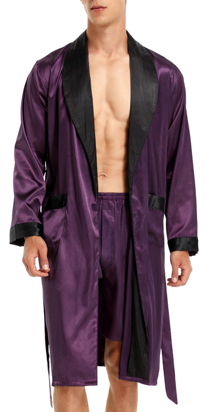 Mens Satin Robe Silk Long Sleeve Bathrobe with Shorts Set Kimono Sleepwear