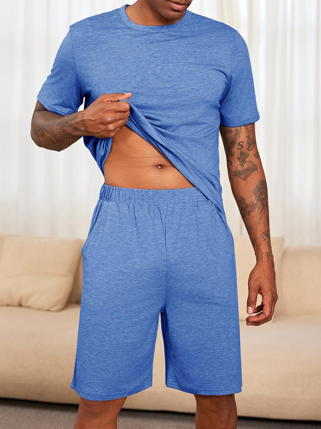 Runcati Mens Pajama Sets Short Sleeve Shirt and Shorts 2 Piece Outfits