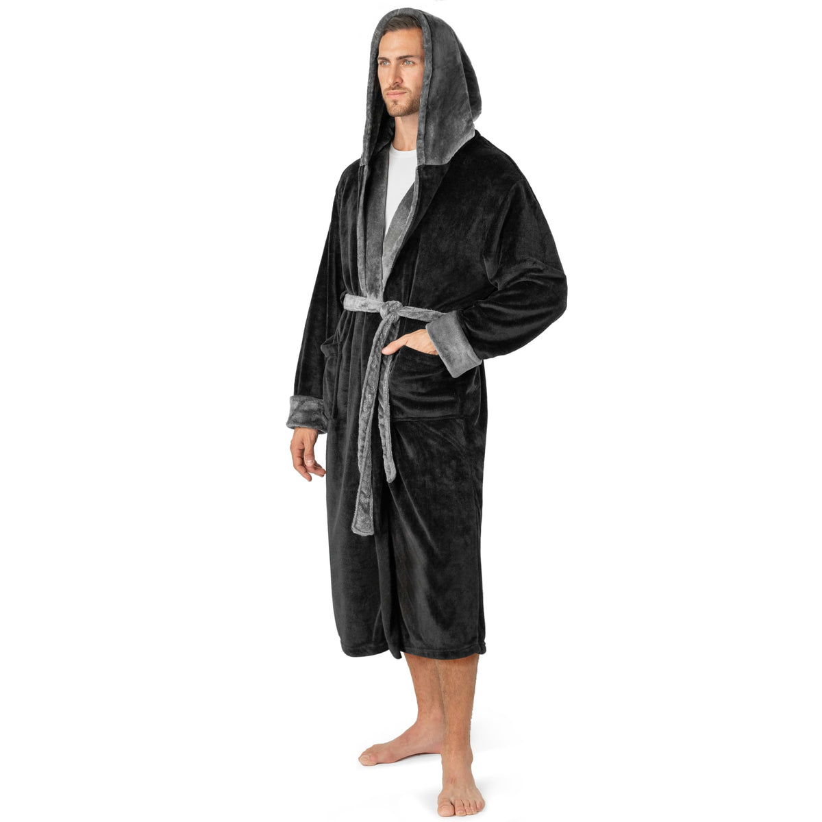 PAVILIA Mens Fleece Robe, Hooded Bathrobe with Shawl Collar, Pockets & Belt