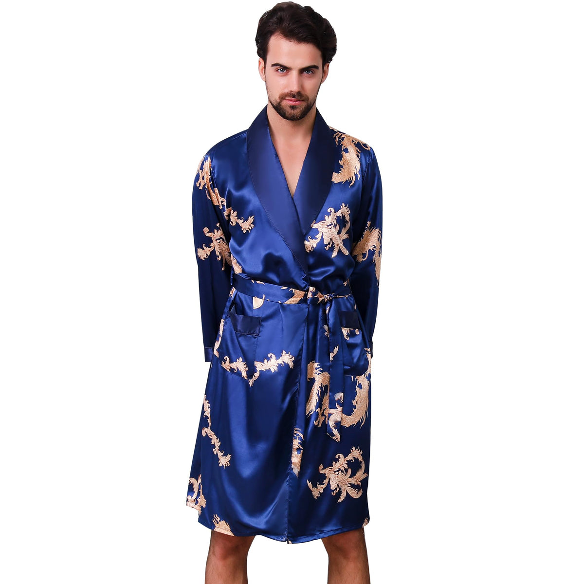 Haseil Men's Satin Robe Dragon Luxurious Silk Spa Long Sleeve House Kimono Bathrobe