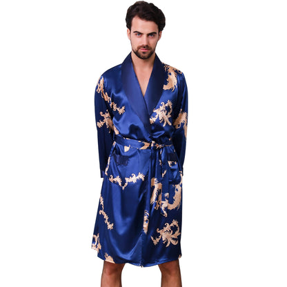 Haseil Men's Satin Robe Dragon Luxurious Silk Spa Long Sleeve House Kimono Bathrobe