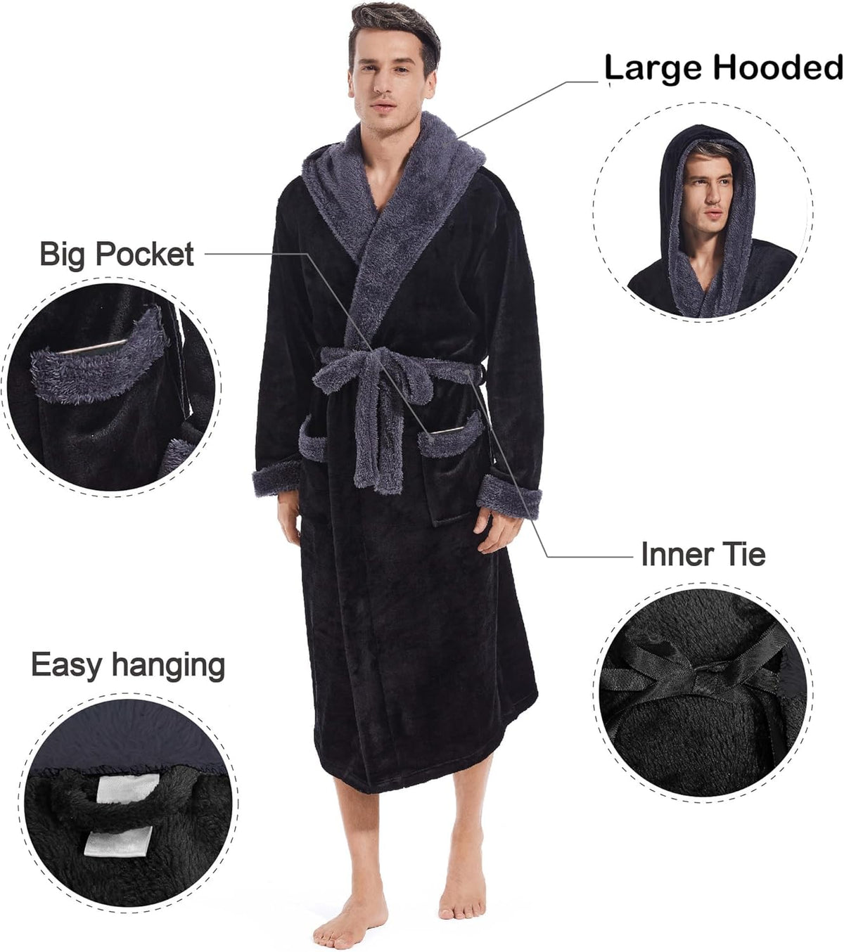 Inner Wish Mens Hooded Robe, Plush Long Highly Absorbent Bath robes Cozy Warm Bathrobe Fuzzy male Spa Robe With Pockets