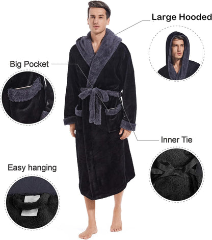 Inner Wish Mens Hooded Robe, Plush Long Highly Absorbent Bath robes Cozy Warm Bathrobe Fuzzy male Spa Robe With Pockets