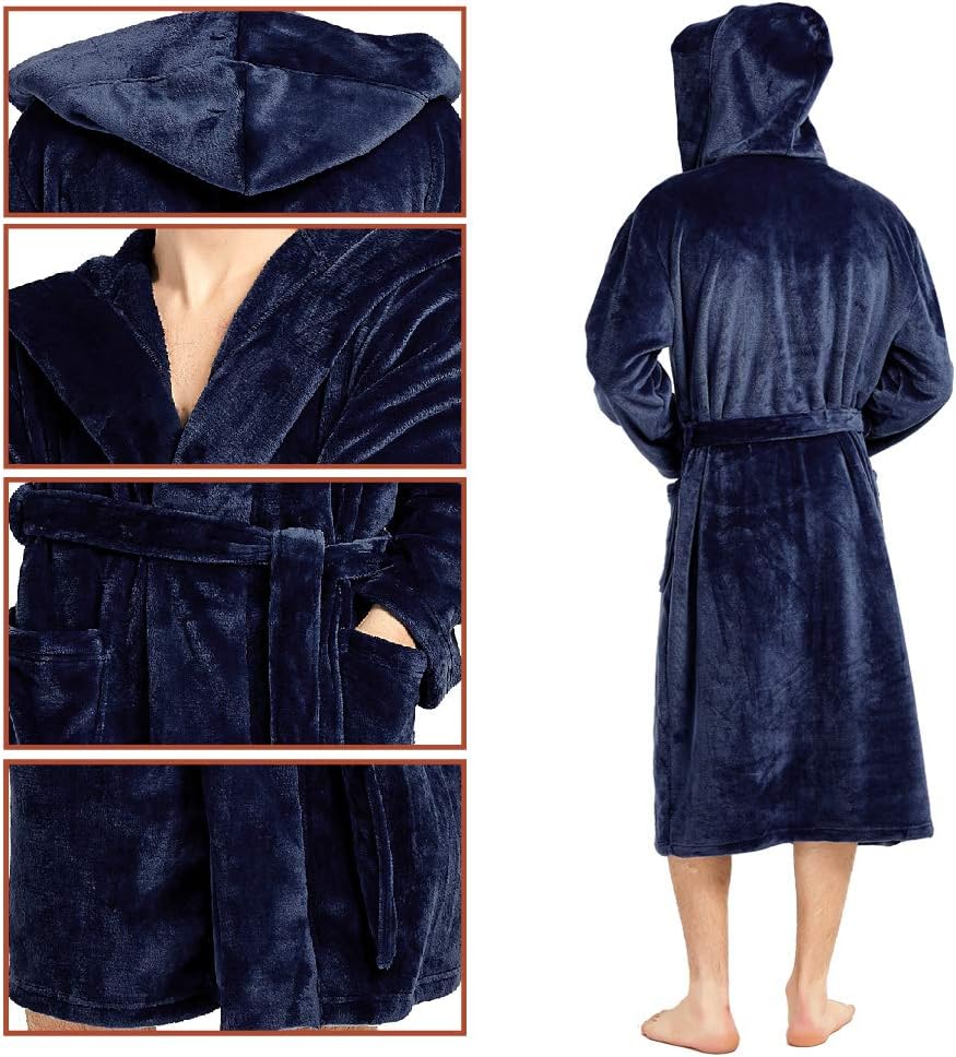 HOLOVE Mens Fleece Hooded Robe Plush Collar Shawl Bathrobe Soft Warm Long Sleeve