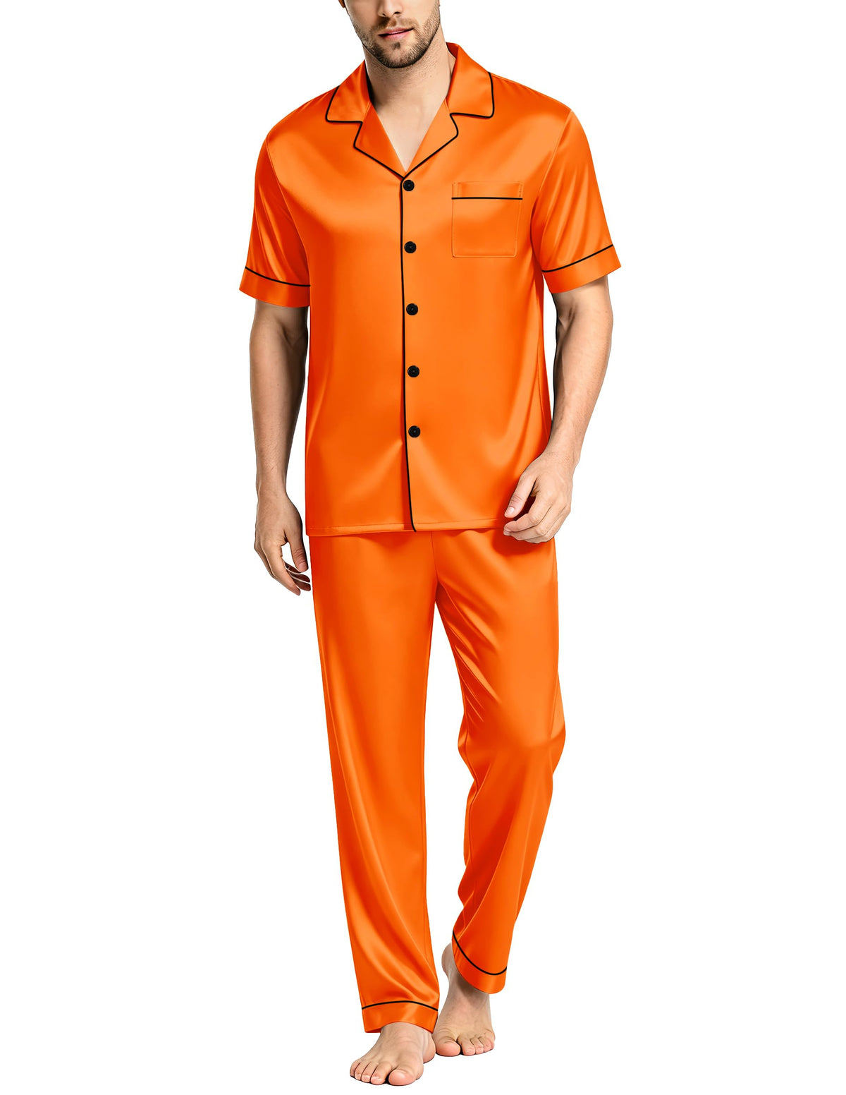 SWOMOG Mens Satin Pajama Set Short Sleeve Classic Sleepwear Button Down Silky Loungewear with Long Pants