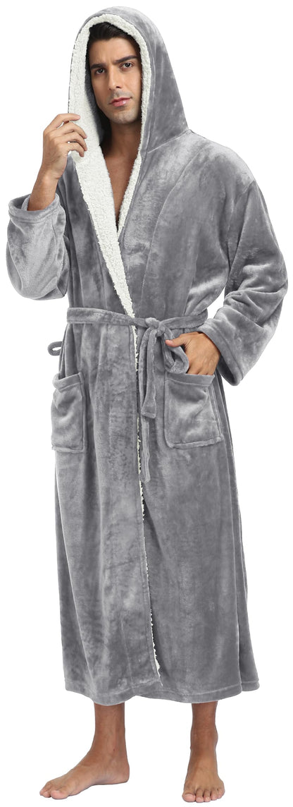 Mens Long Flannel Robes with Hood Plush Warm Bathrobes Cozy Fleece Spa Robe