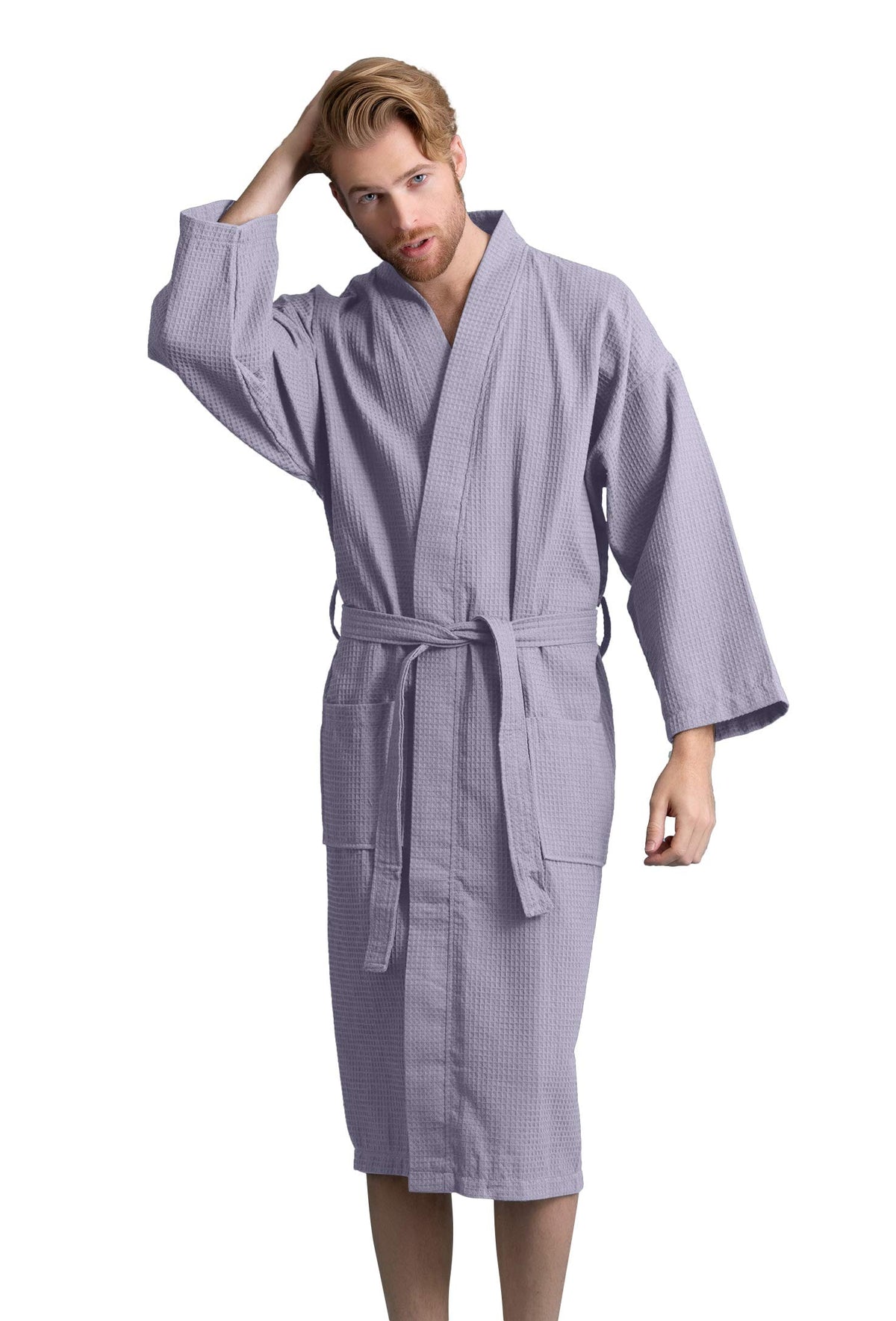 Men's Long Waffle Weave Kimono Bathrobe, 60% Cotton 40% Polyester