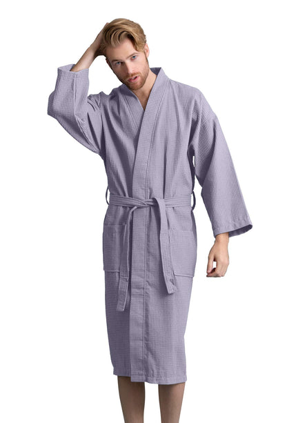 Men's Long Waffle Weave Kimono Bathrobe, 60% Cotton 40% Polyester
