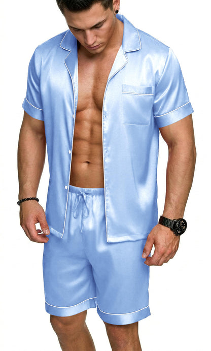 Ekouaer Mens Silk Satin Pajamas Set Short Sleeve Button Up Lounge Pjs Set