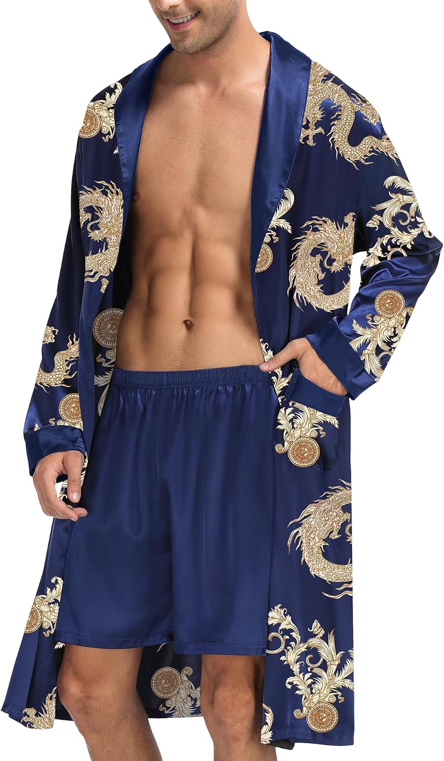 SWOMOG Men's Satin Robe with Shorts Set Silky Kimono Bathrobe Lightweight Soft Sleepwear