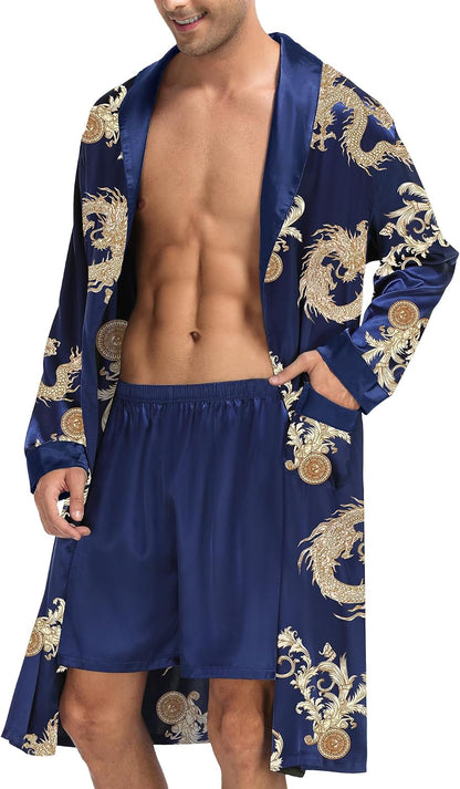 SWOMOG Men's Satin Robe with Shorts Set Silky Kimono Bathrobe Lightweight Soft Sleepwear