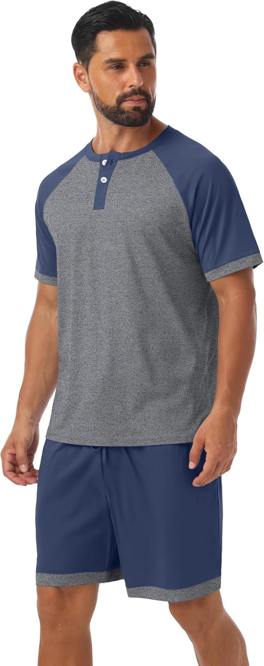 Men's Henley Pajama Sets 2 Piece Lounge Sleepwear Soft Sleep Summer Pjs