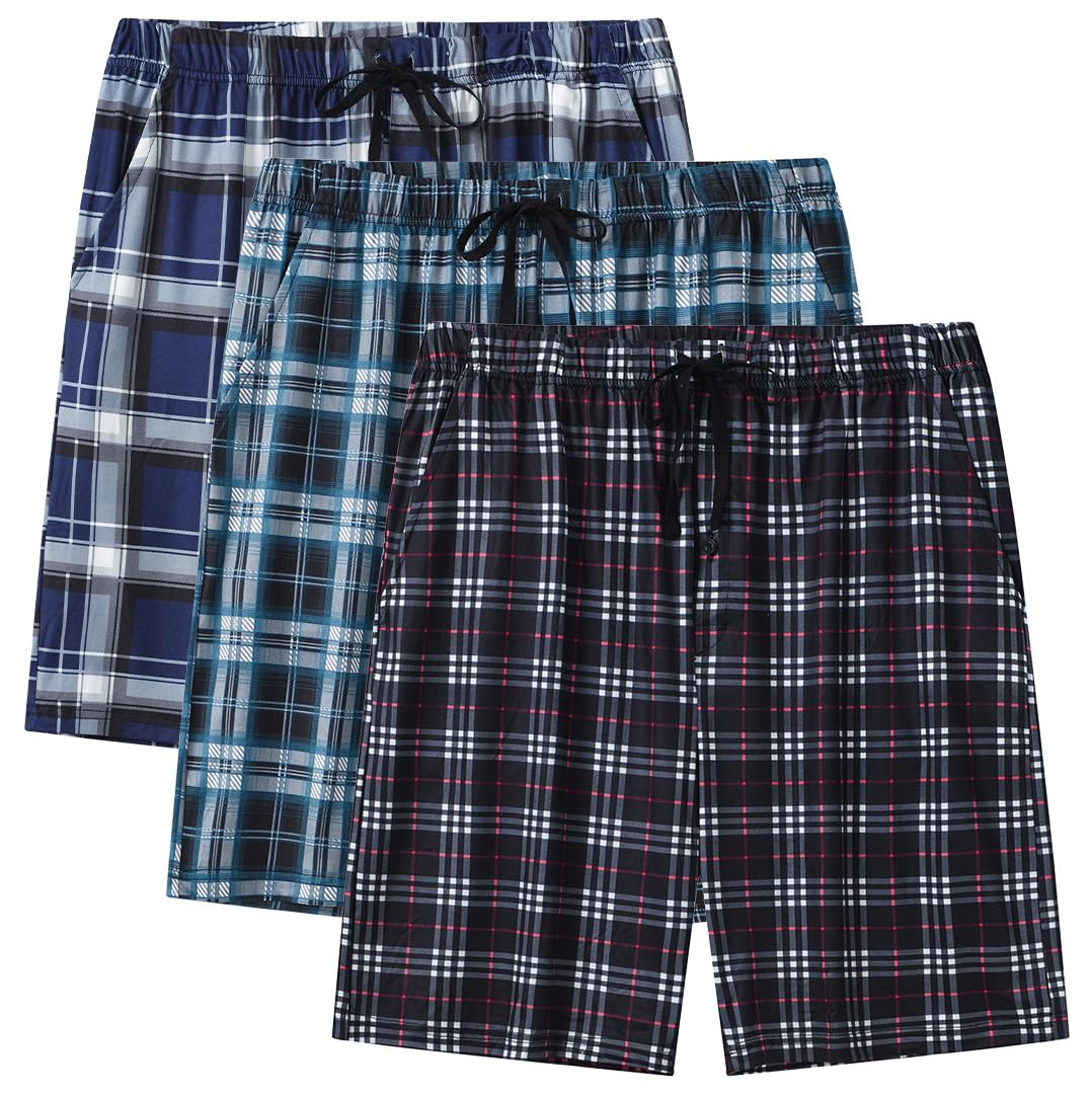 MoFiz 3pack Mens Pajama Short Bottom Sleep Lounge Cotton Plaid