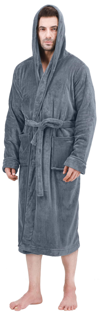 Luxury Ultra Soft Mens Robe with Hood Plush Fleece Long Bathrobe