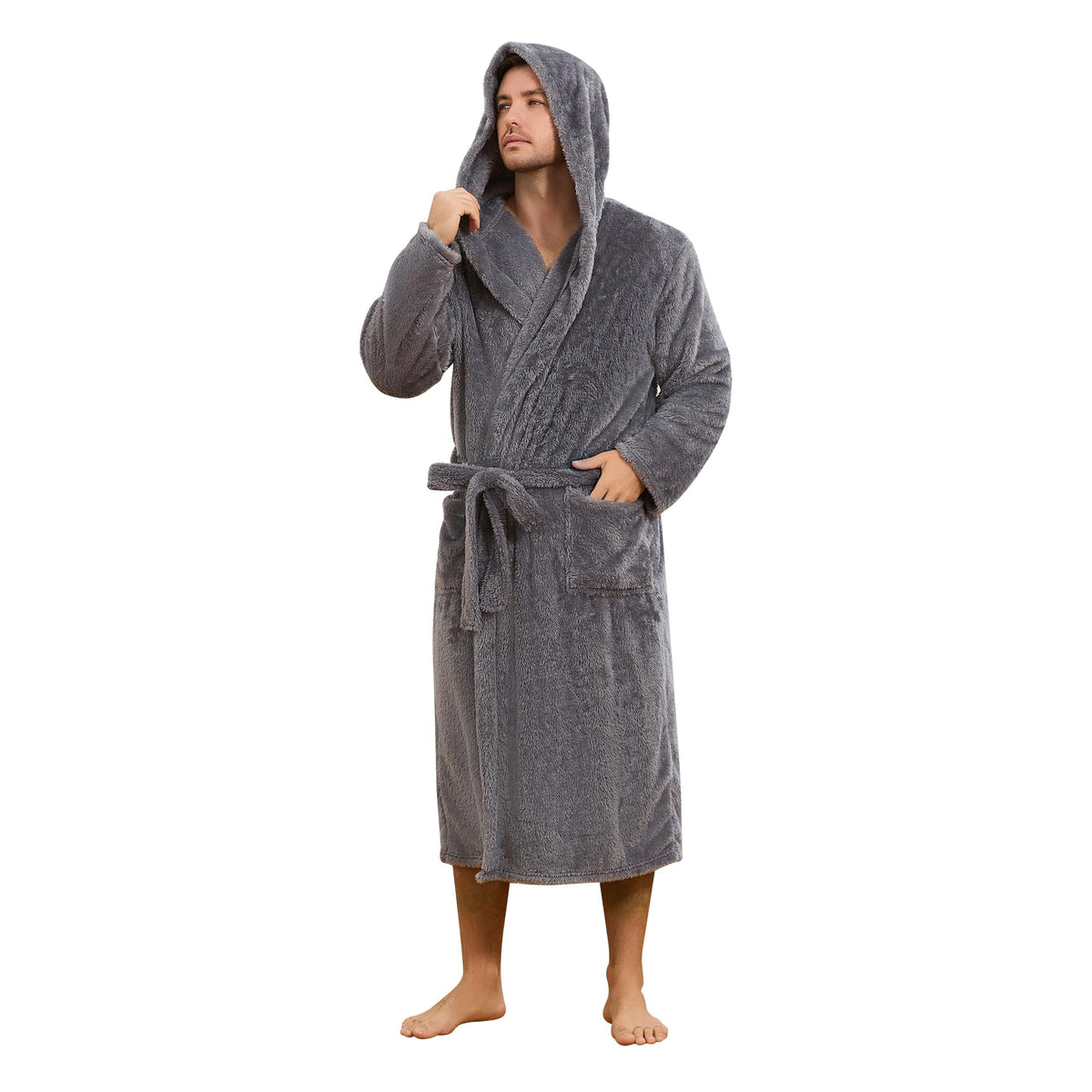 Mens Fleece Hooded Robe, Plush Robes Cozy for Men, Soft Warm Bathrobe Shower Spa Long Robe With Pockets