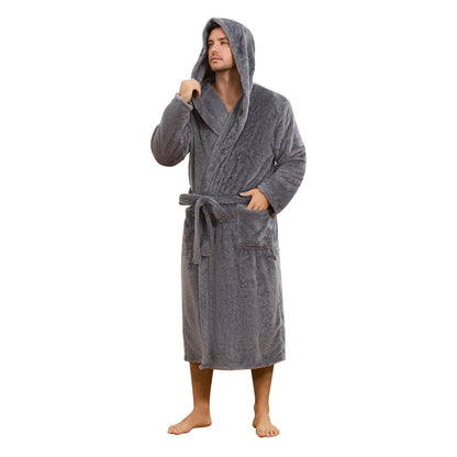 Mens Fleece Hooded Robe, Plush Robes Cozy for Men, Soft Warm Bathrobe Shower Spa Long Robe With Pockets