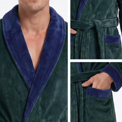 Vulcanodon Mens Robe Plush Fleece Shawl Collar Bathrobe Warm Soft Cozy Lounge Robe with Pockets