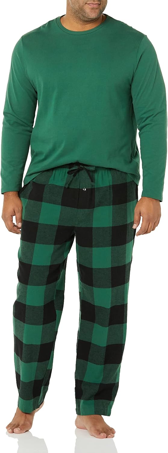 Amazon Essentials Men's 100% Cotton Flannel Pant and Long-Sleeve T-Shirt Pajama Set