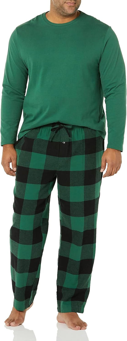 Amazon Essentials Men's 100% Cotton Flannel Pant and Long-Sleeve T-Shirt Pajama Set