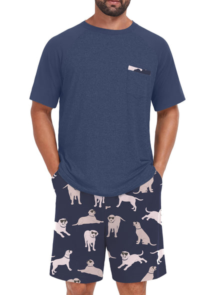 Mens Pajamas Set Shirt and Shorts Lightweight Summer Sleepwear