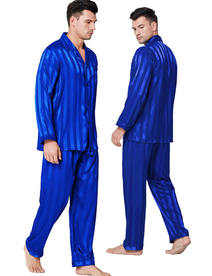 Lonxu Pajamas Set Mens Silk Satin Pajamas Long Sleeve Loungewear Two-Piece Sleepwear Button-Down Pj Set S-XXXXL