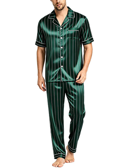 SWOMOG Mens Satin Pajama Set Short Sleeve Classic Sleepwear Button Down Silky Loungewear with Long Pants