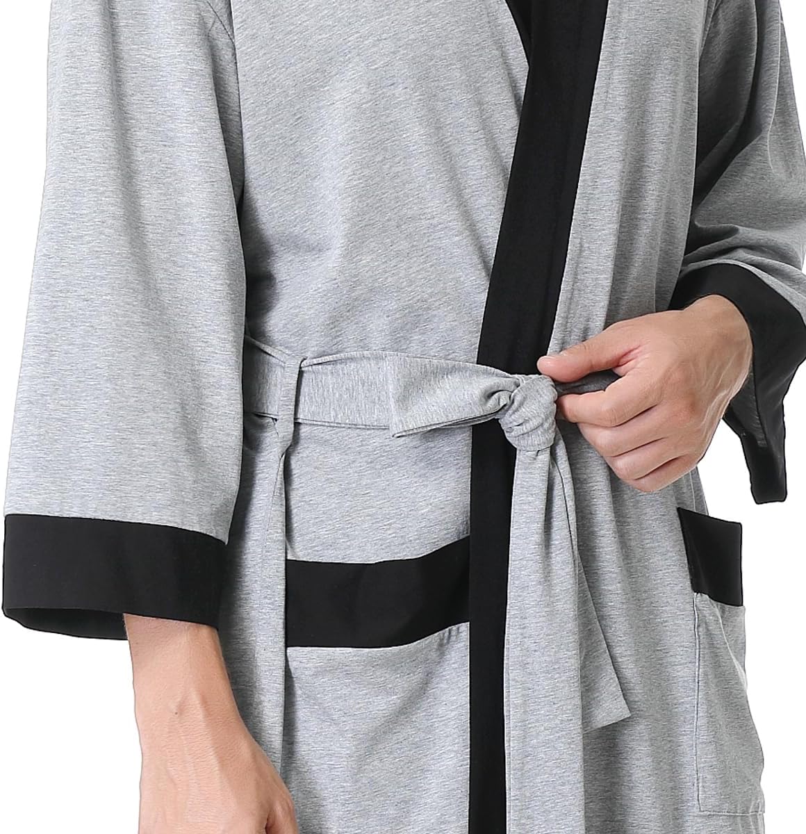 KEMUSI Men's Summer Knee-Length Breathable Absorbent Sleepwear Bathrobe, Mid Sleeve, Grey with Black Trim, Soft and Comfy