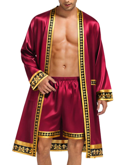 SWOMOG Men's Satin Robe with Shorts Set Silky Kimono Bathrobe Opulent Baroque Robes Lightweight Luxury Sleepwear