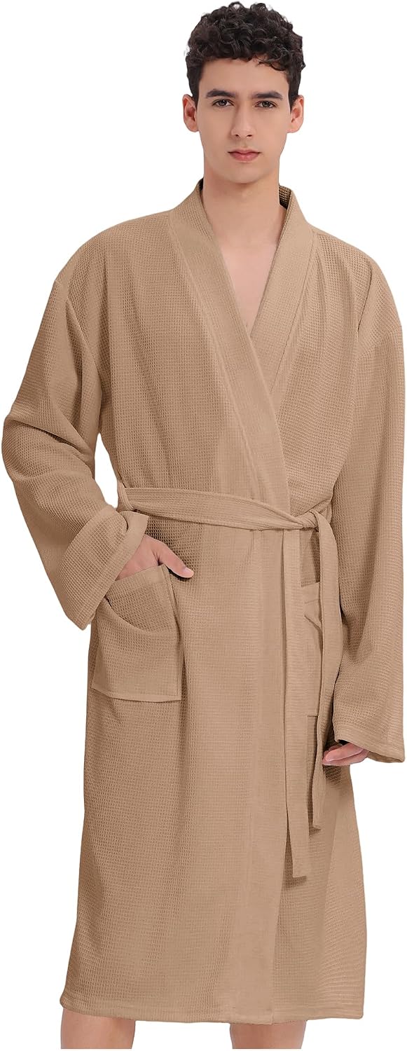 Mens Waffle Robe Spa Kimono Bathrobe Lightweight Shower Bath Robe Knee-Length Hotel Spa Robe