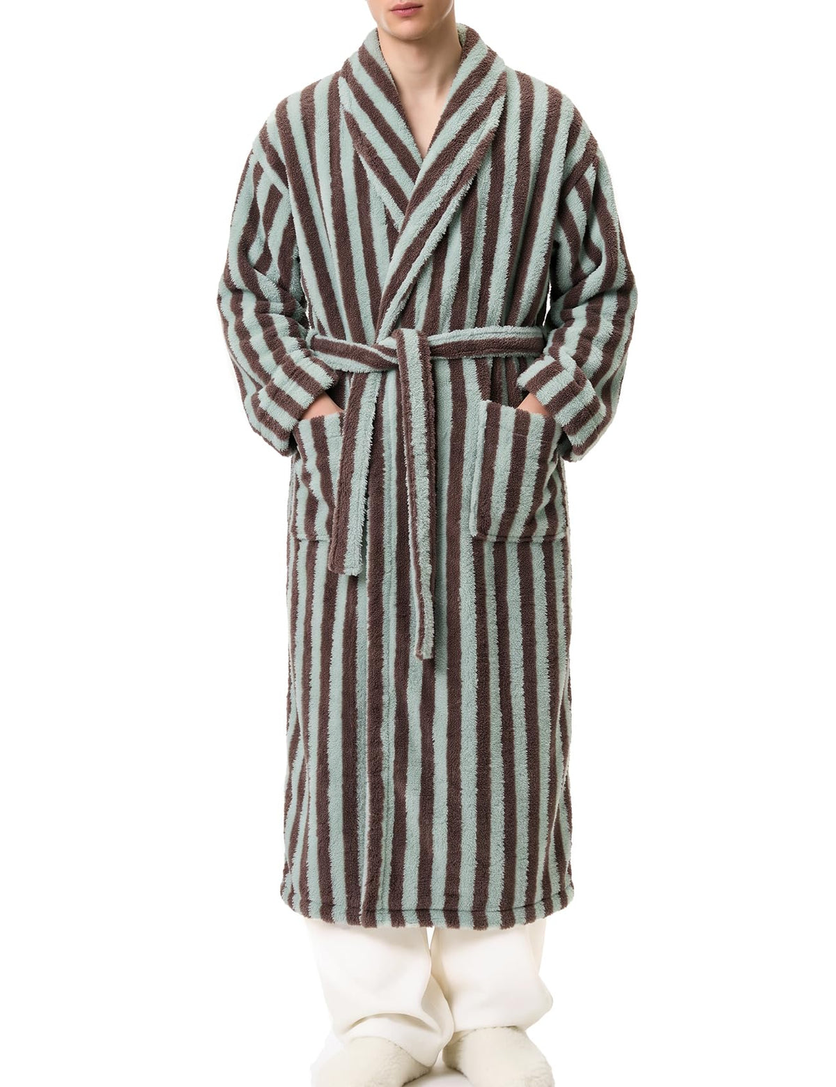 Gihuo Mens Striped Robe Long Fluffy Plush Bathrobe