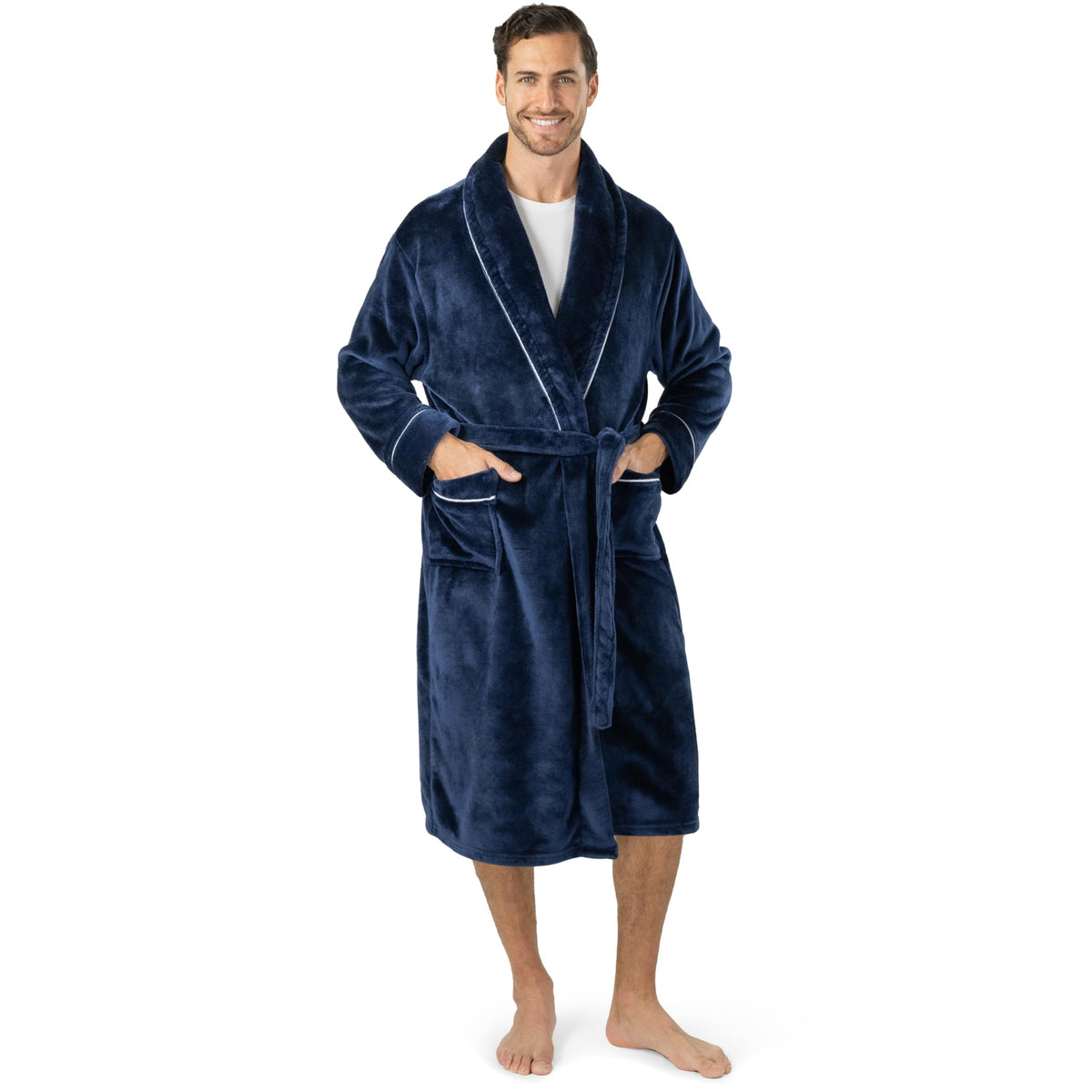 PAVILIA Soft Robe, Plush Warm Bathrobe for Men, Long Spa Bath Robe with Piping