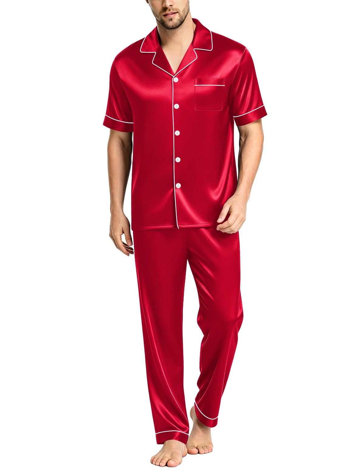 SWOMOG Mens Satin Pajama Set Short Sleeve Classic Sleepwear Button Down Silky Loungewear with Long Pants