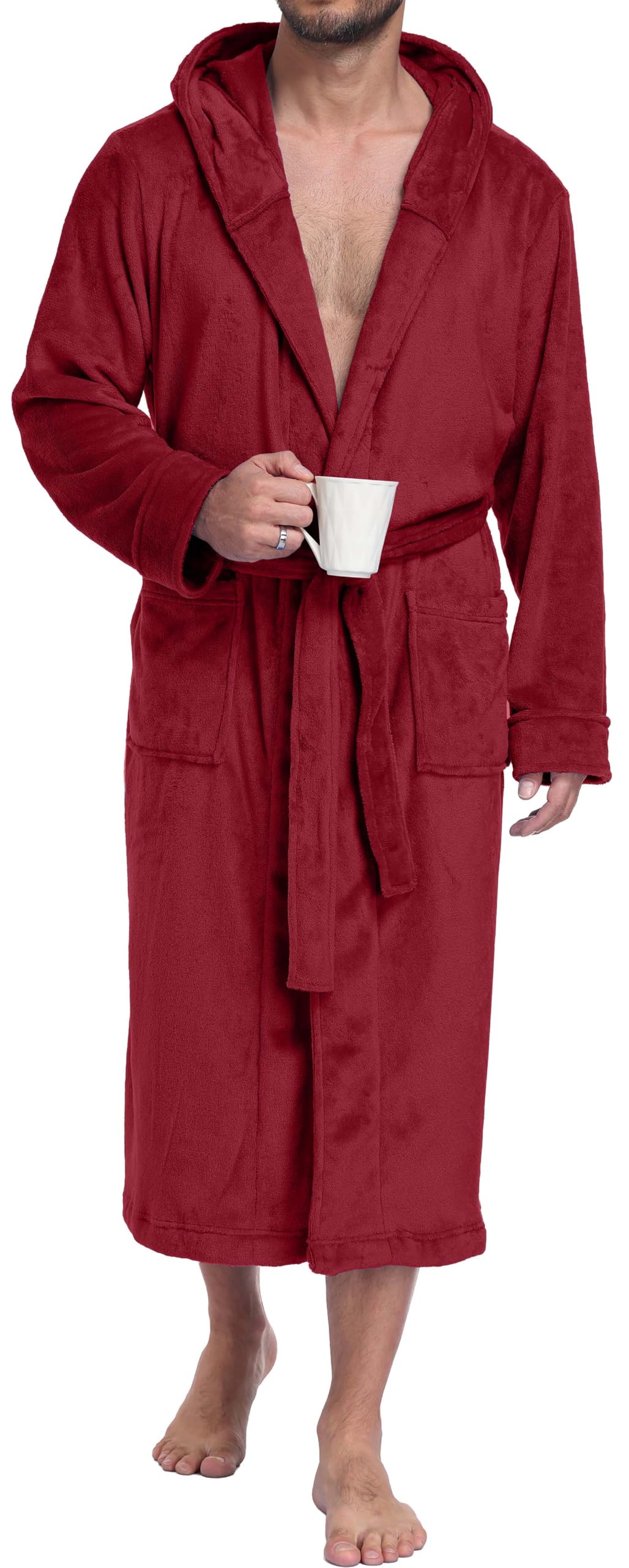 PrinStory Mens Hooded Robe Plush Fleece Robes Soft Long Bathrobe