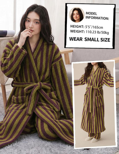 Arssm Womens Striped Fluffy Robe Long Plush Fuzzy Warm Bathrobes