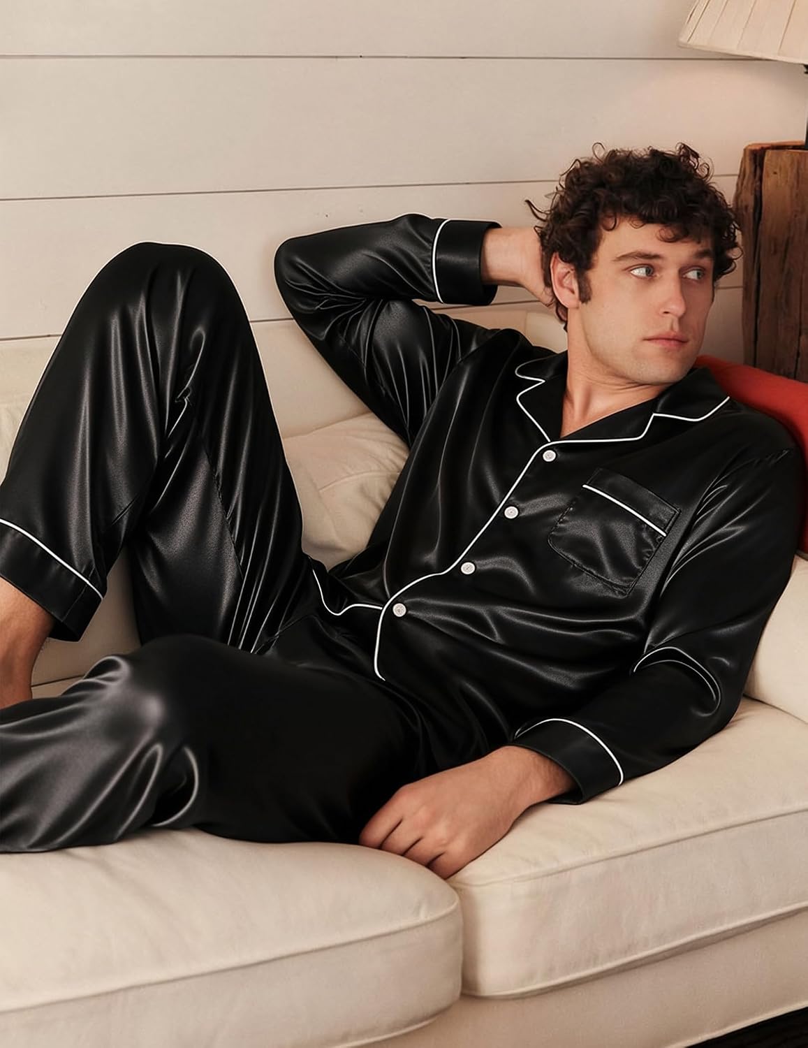 SWOMOG Mens Silk Satin Pajamas Set Long Sleeve Sleepwear Button-Down Pj Two-piece Loungewear with Long Pants S-XXL