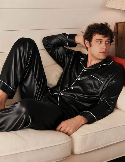 SWOMOG Mens Silk Satin Pajamas Set Long Sleeve Sleepwear Button-Down Pj Two-piece Loungewear with Long Pants S-XXL