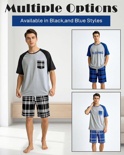 Mens Pajamas Set Soft Short Sleeve Pjs Plaid Pajamas 2 Piece Sleepwear Mens Loungewear Sets Summer with Pockets
