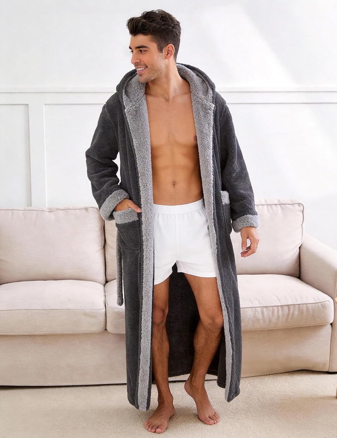 Kissonic Mens Hooded Robe Full Length Plush Warm Fluffy Winter Bathrobe