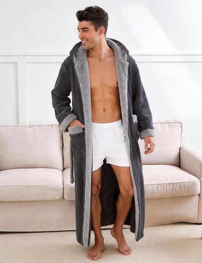 Kissonic Mens Hooded Robe Full Length Plush Warm Fluffy Winter Bathrobe
